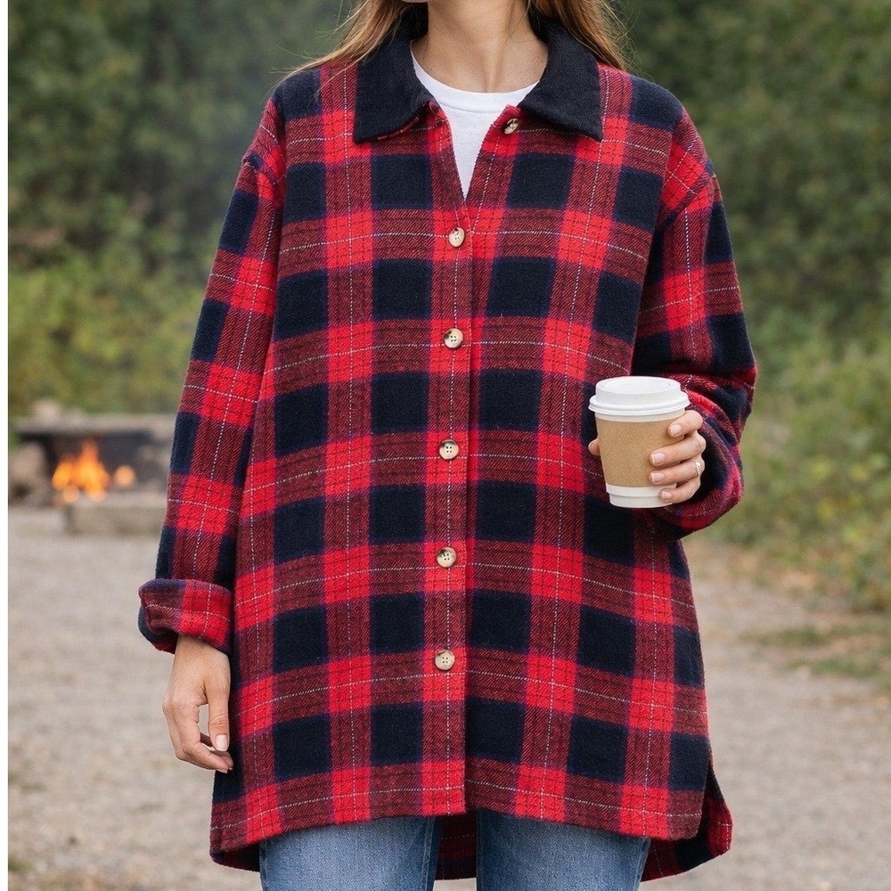 Marsh Landing Red Black Plaid Shacket Corduroy Collar Wool Blend Womens Size S